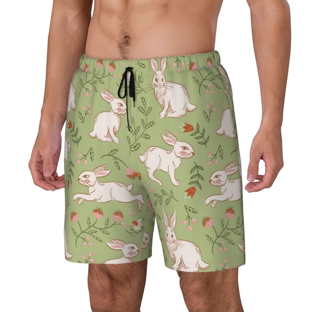 Kdxio Cute Rabbit And Flower Print Mens Swim Shorts with Mesh Lining, Breathable and Quick-Drying, Adjustable Waist, Privacy Pocket-Large