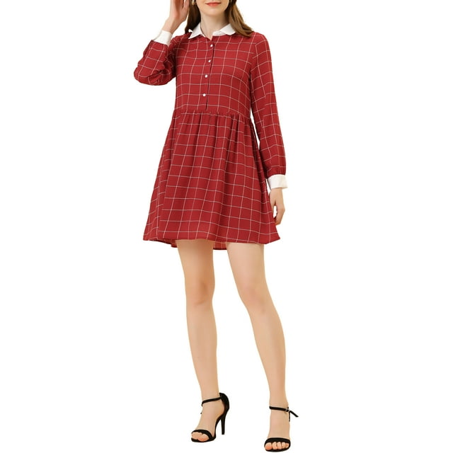 Vestido de camisa de manga larga a cuadros para mujer Inspire Chic, color rojo