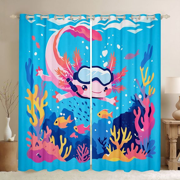 Homewish Cartoon Axolotl Curtains Pack of 2 (42x84 Each) for Preppy Child,Kawaii Underwater World Curtains Blackout,Cute Animal Salamander Bedroom Curtains,Lightweight Room Decor