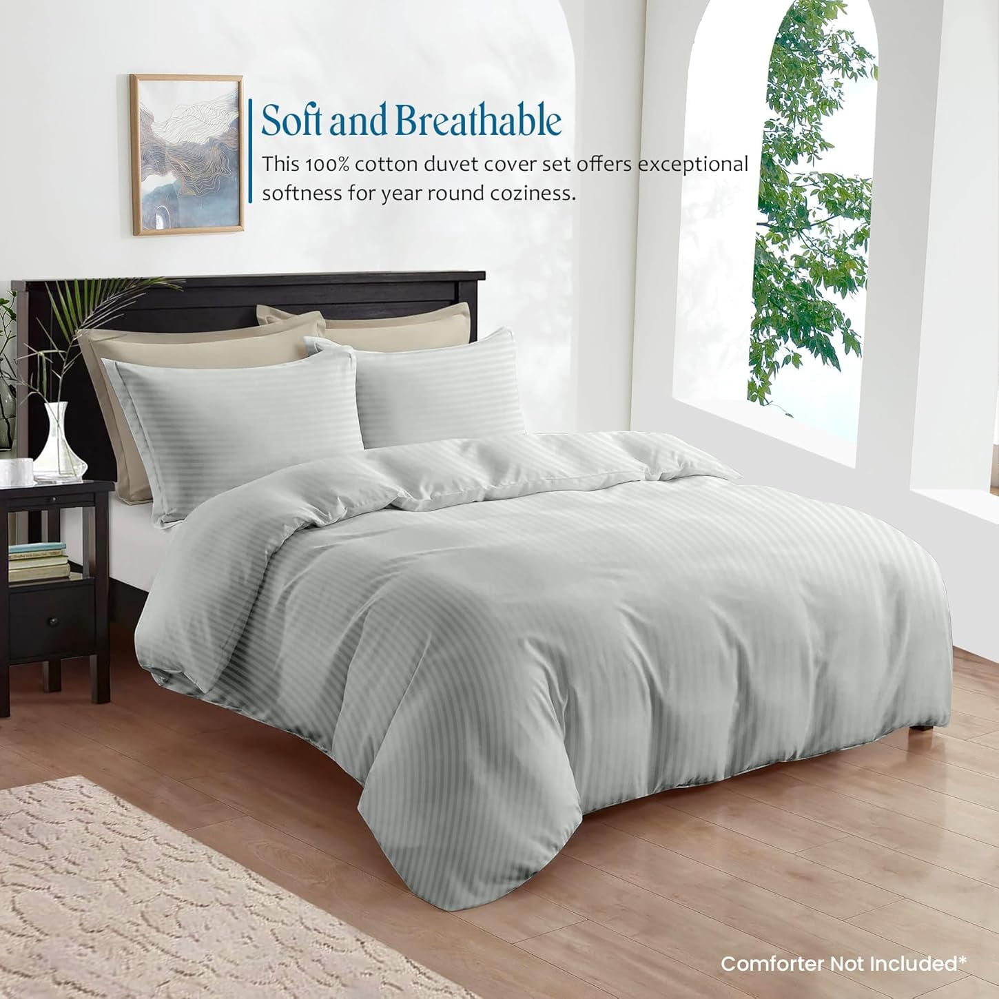 450 TC 3 Piece Duvet Cover Set Organic Cotton with Zipper Closure & Corner Ties Soft & Comfy Breathable Hotel Quality [ King Size ( 90" x 104" ) Inches, Silver Grey Stripe ]