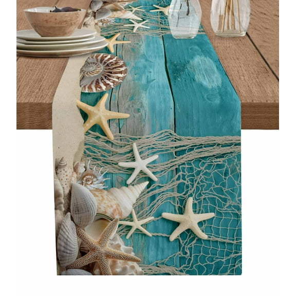 ERUNPONLY Teal Beach Coastal Table Runner - 108 Inch Long Summer Ocean Starfish Shell Conch Cotton and Linen Blended Dress Scarves Farmhouse Table Runner for Kitchen Dining, Coffee Table, 13"x108"