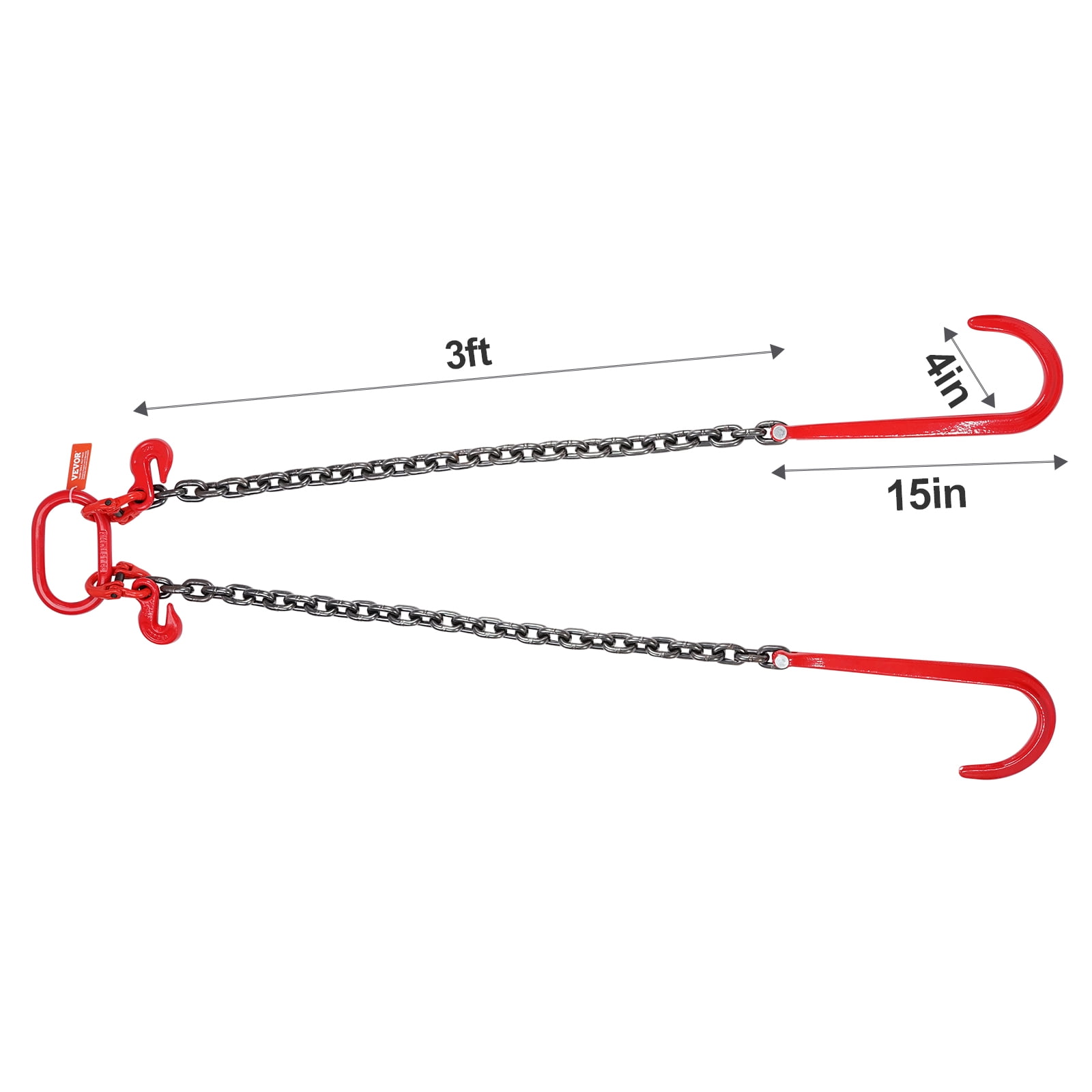 VEVOR G80 V Bridle Chain, 3/8" x 3' Towing Chain Bridle with 15" J Hooks and Grab Hooks, Heavy Duty Transport Tow Chain Bridle with 7800 lbs Safe Working Load for Flatbed Trailer Wrecker Recovery