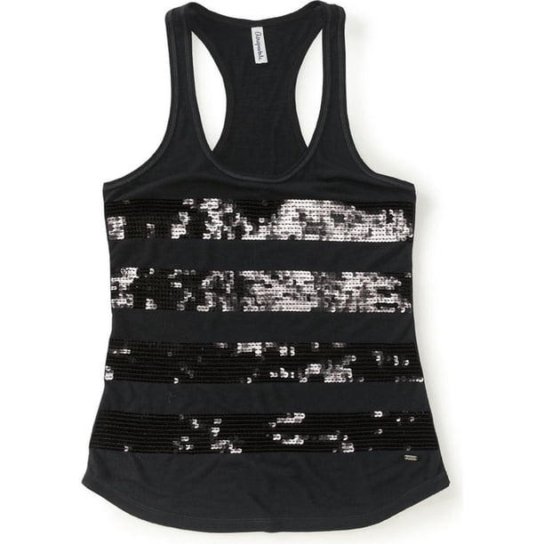 Aeropostale - Camiseta sin mangas con espalda cruzada y rayas de lentejuelas para mujer, negro, XS