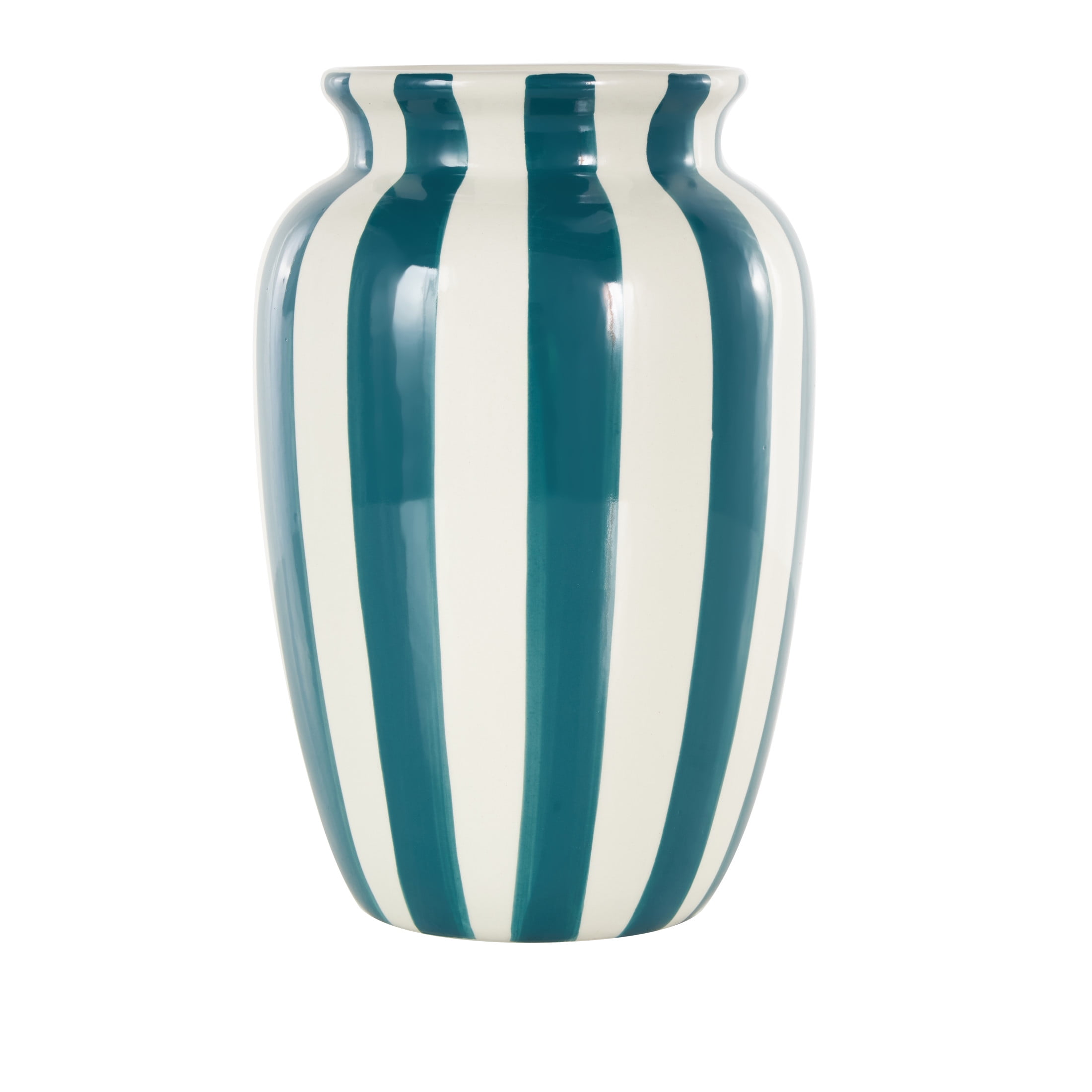 DecMode 10" Round Wide Teal Ceramic Vase with White Vertical Stripes