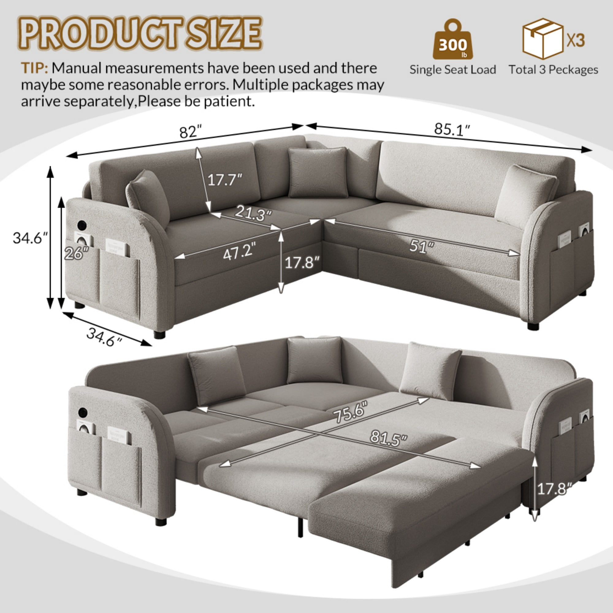 LLappuil Sectional Sofa, 85" Sectional Couch with Pull Out Sofa Bed King Size, 5 Seat Sofa Convertible Sofa Bed for Living Room Light Gray