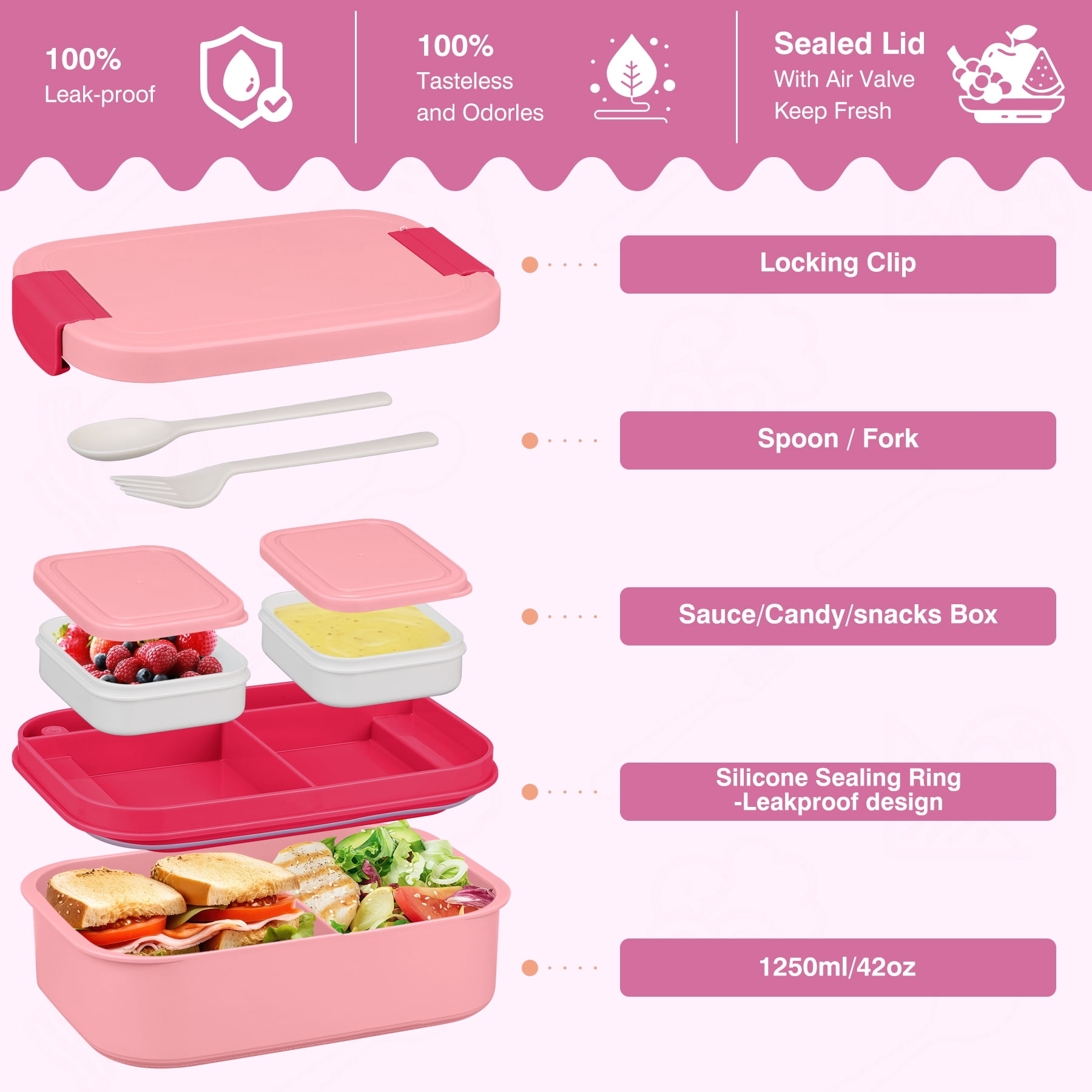 Bento Lunch Box Set with 10.5oz Soup Thermo for Adults Kids, Leak-proof Food Jar Lunch Container with 4 Compartment, Stainless Steel Coffee Tumbler with Lunch Bag for School Travel Office Pink