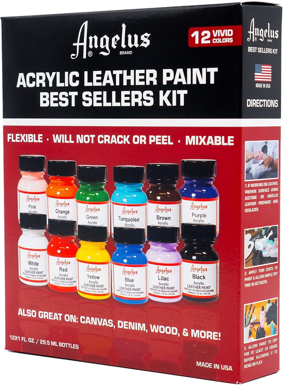 Angelus Acrylic Leather Paint,  Sellers Kit, Flexible Paint For Shoes, Sneakers, Leather, Canvas, Furniture, and More - 12 Colors (1 oz Each)