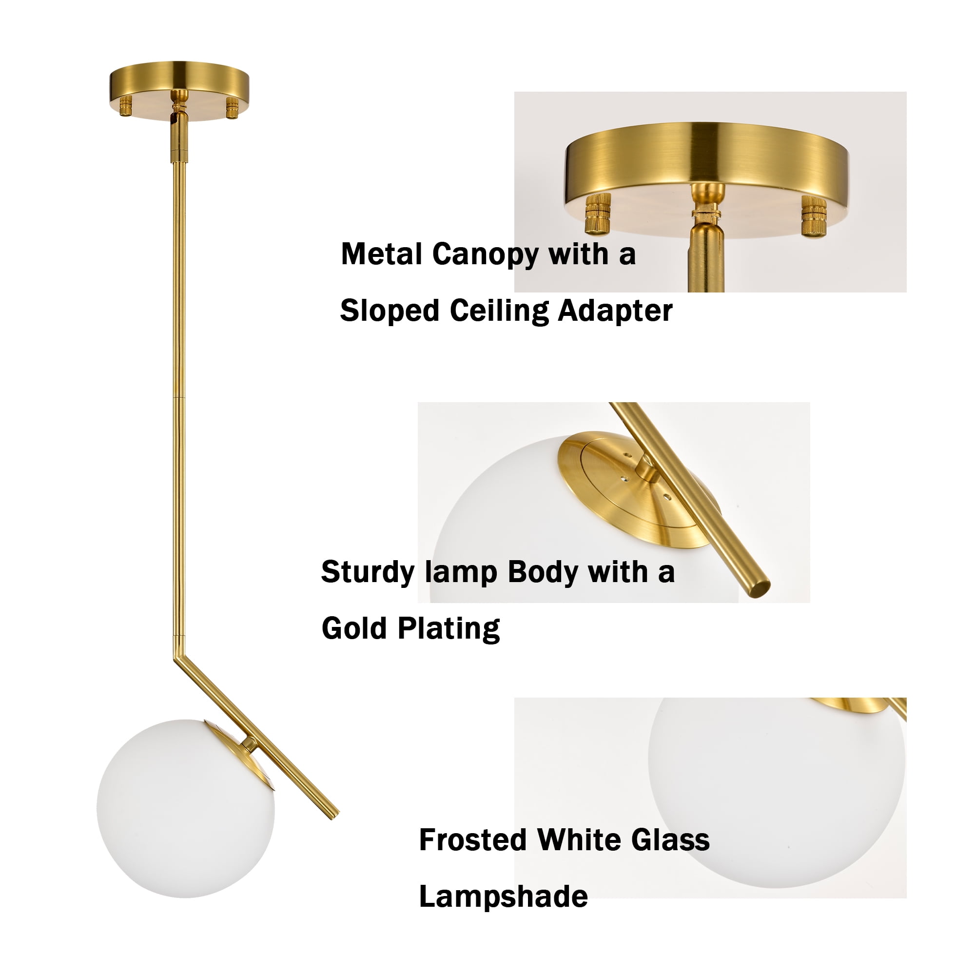 Gold Globe Pendant Light, 5.9" Frosted Glass Shade for Kitchen Island, E12