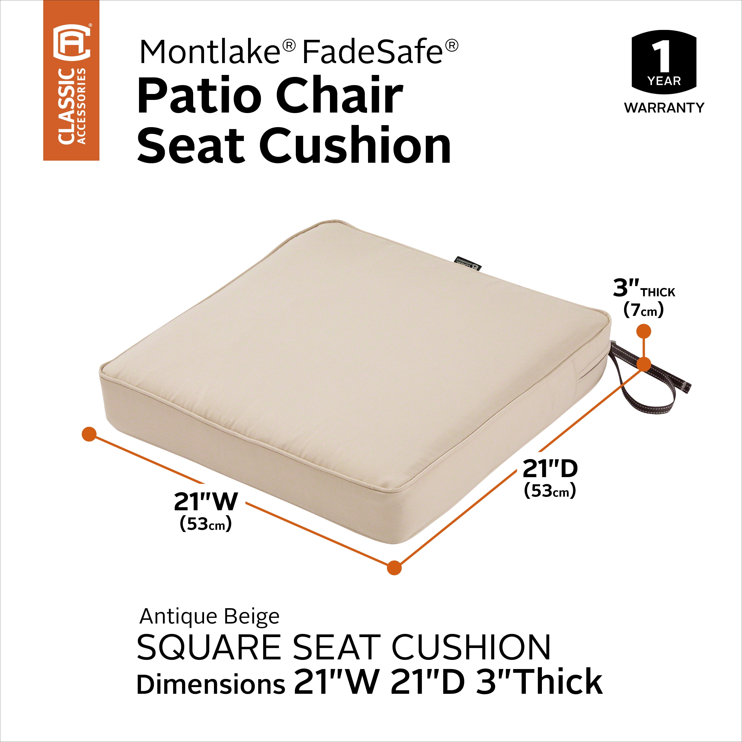 Classic Accessories Montlake FadeSafe Water-Resistant Patio Chair Seat Cushion, 21 x 21 x 3 inch, Antique Beige