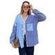 thumbnail image 2 of Blusa Informal de Larga con Cuello en V, A Rayas y Lazo Frontal para Mujer, con Patchwork y Bloques de Color Azul S, 2 of 9
