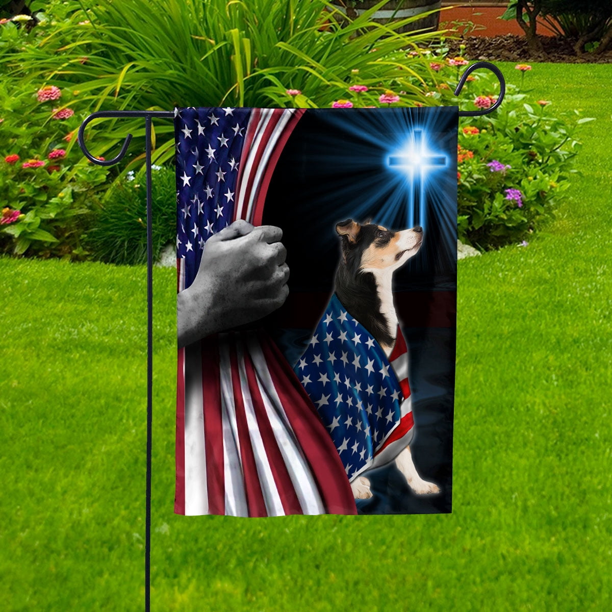 Hand Pulling USA Flag Border Collie Dog Wearing Flag American Standing under Cross Christian Patriotic House Flag (3x5) Double Sided- Premium Polyester-Decorative Indoor Outdoor Flag