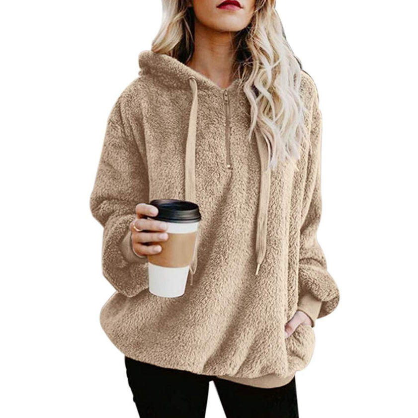 Womens Fuzzy Long Sleeve Drawstring 