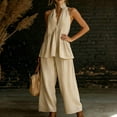 thumbnail image 4 of NMMUED Linen 2 Piece Set for Women Cotton Linen Women’s 2 Piece Set Summer Lounge Matching Relaxed Halter Neck Peplum Top Wide Leg Pants Breathable Casual 2 Piece Sets for Women Beige 3XL, 4 of 5