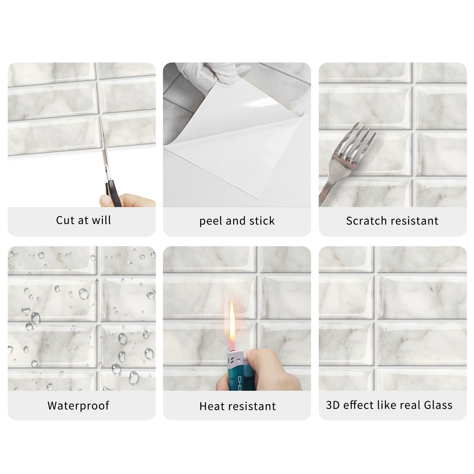 DEWOO Peel and Stick Backsplash - 10 Sheets of 12"×12" - 3D Adhesive Peel and Stick Tile Backsplash for Kitchen, Bathroom, Wall Tile, Light Gray