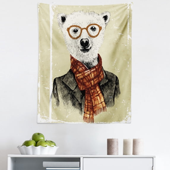Animal Tapestry, Hipster Bear with Glasses Scarf Jacket Wild Mammal Humorous Art, Fabric Wall Hanging Decor for Bedroom Living Room Dorm, 5 Sizes, Cream Dark Orange Black, by Ambesonne