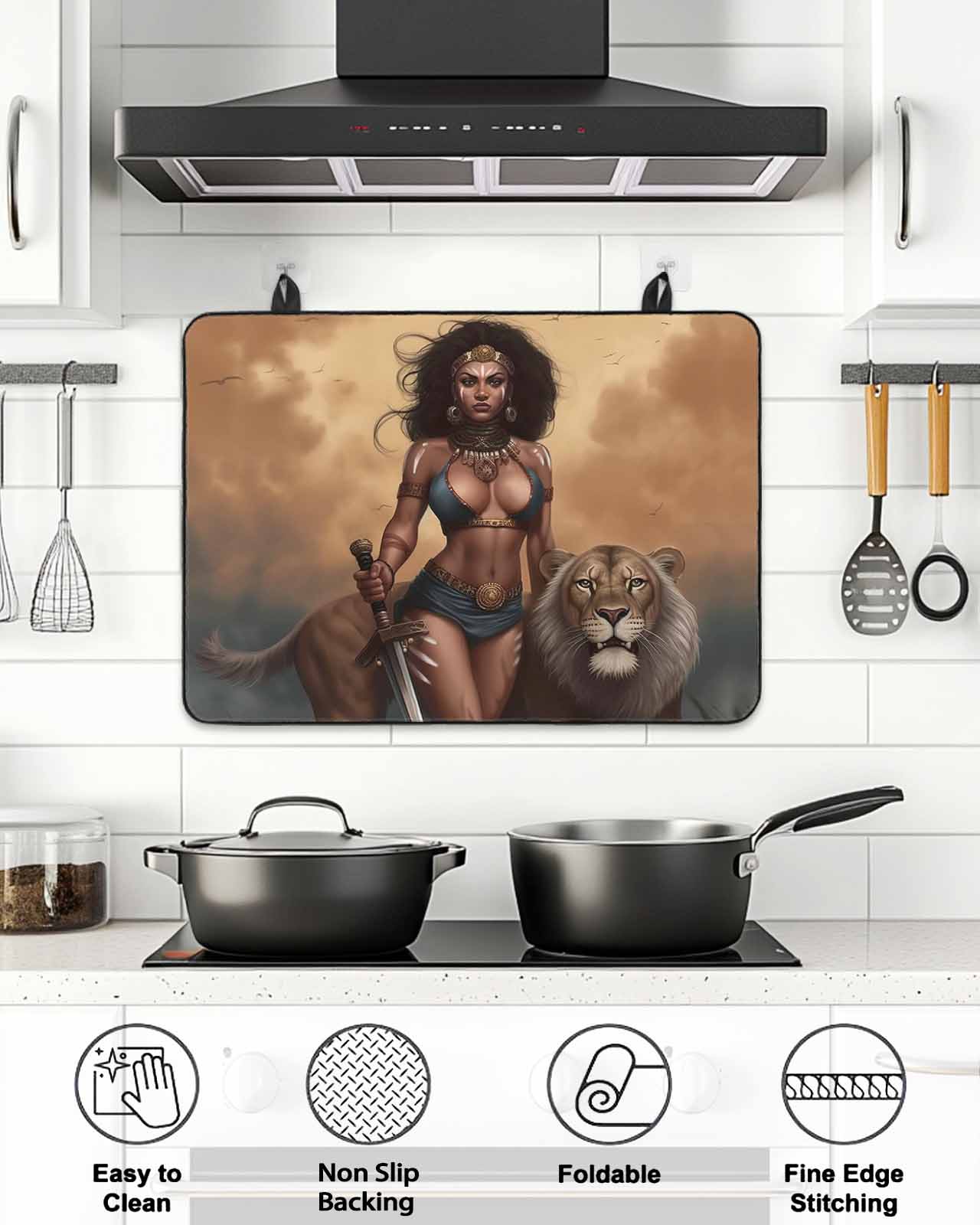 Vintage African Stove Top Covers for Electric Stove, 28'x20'' Tribe Lion and Warrior Woman Glass Ceramic Stove Cover Foldable Rubber Mat Heat Resistant Cooktop Protector for Kitchen