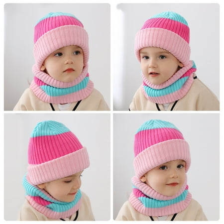 

TOWED22 Baby Hats Newborn Toddler Kids Boys Girls Beaniess Hat Scarf Set Winter Warm Cute Striped Knit Cap Fleece Neck Warmer Watermelon Red