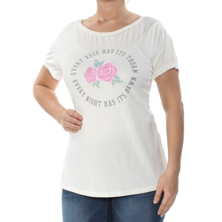 - TRUE VINTAGE Womens Ivory Rose Embroidered Graphic Short Sleeve Jewel Neck T-Shirt Top Size: L