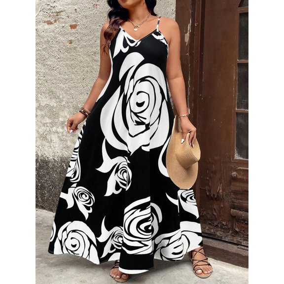 Black And White Rose Print Strappy Maxi Dress For Women Plus Size Casual Sundress