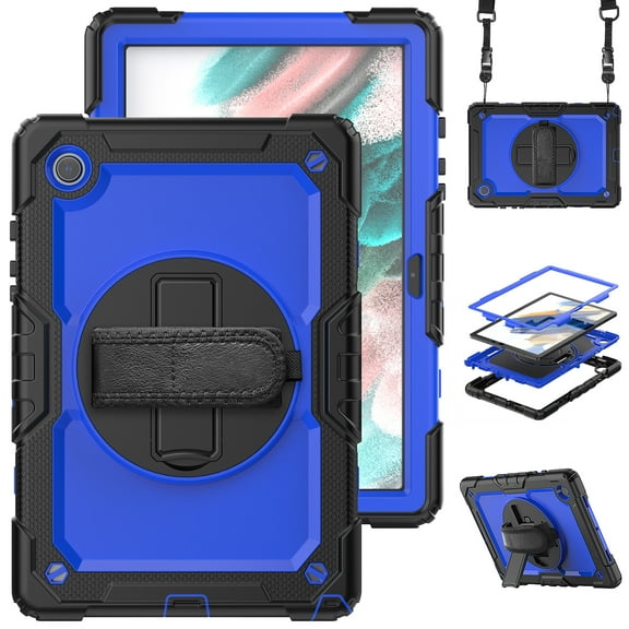 3 Layer Case for Samsung Galaxy Tab A8 10.5" 2022 SM-X200/X205/X207, for Kids Heavy Duty Protective Case with Screen Protector & Stylus Holder & 360 Rotating Stand Hand/Shoulder Strap, Blue Black