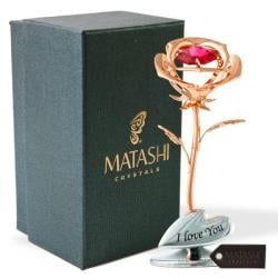 Valentine’s Day Gift for Her or Wife – Matashi “I Love You” Floral Arrangement Rose Ornament, Rose Gold Plated with Red Crystals