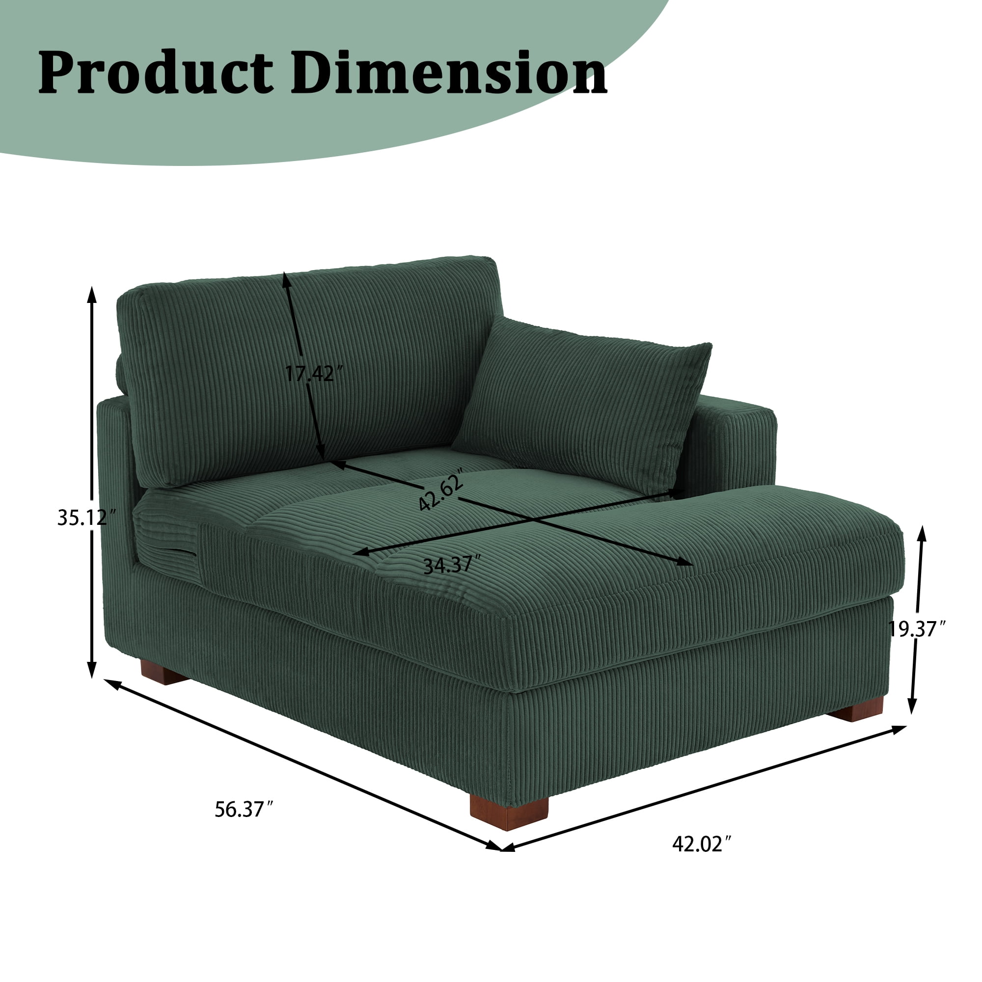 UIXE Chaise Lounge Indoor Upholstered Corduroy Sofa with Left Armrest for Living Room Bedroom, Hunter Green