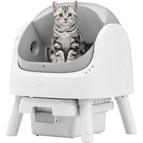 AS11 Automatic Self-Cleaning Cat Litter Box Open-Top Design for Multiple Cats, Polypropylene, Low-Noise 32 dB, Tool-Free Maintenance, 22 lb Capacity, Grey White
