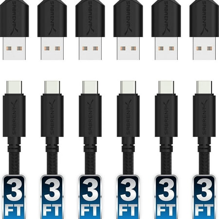 UPC: 0819921013590 | SABRENT [6-Pack] 22AWG Premium 3ft USB-C to USB A 2.0 Sync and Charge Cables [Black] (CB-C6X3)