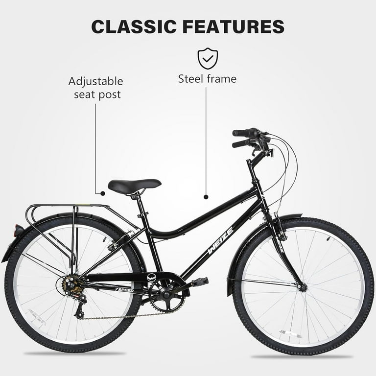 Beach Cruiser Bike, 26 inch Commuter Bicycle for Adult Men and Women, 7-Speed/High-Carbon Steel/Front & Rear Fenders, Comfortable City Bikes with Rear Rack or Basket, Ergonomic Upright Design