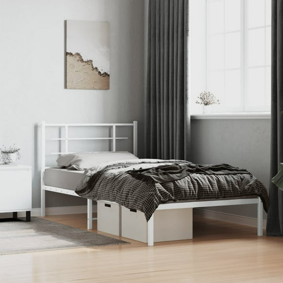 vidaXL Metal Bed Frame without Mattress with Headboard White 39.4"x78.7"