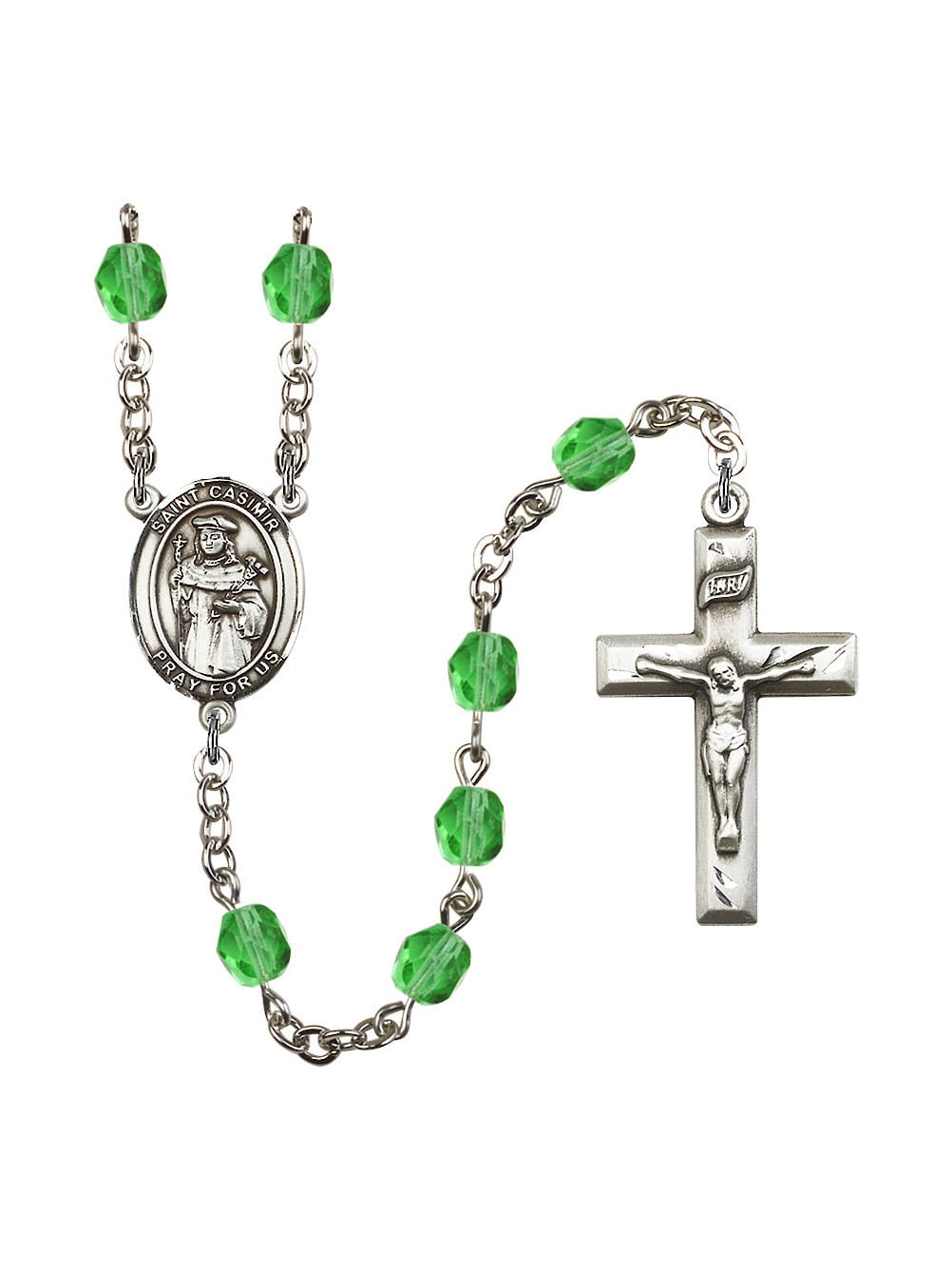 Silver Plate Rosary Bracelet features 6mm Zircon Fire Polished beads The Crucifix measures 5/8 x 1/4 Patron Saint Bachelors/Poland The charm features a St Casimir of Poland medal 