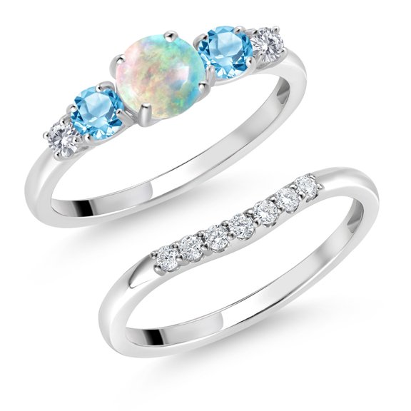 Gem Stone King 10K White Gold White Simulated Opal Swiss Blue Topaz and White Lab Grown Diamond 5 Stone Bridal Engagement Wedding Ring Set for Women (0.91 Cttw, Round Cabochon, Size 6)