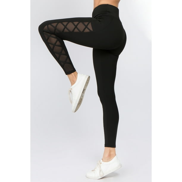 Women's Active Criss Cross Lace-up Mesh Side Leggings, Black