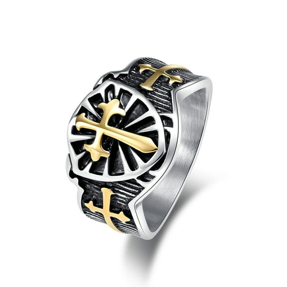 Vintage Punk Shield Cross Fashion 14K White Gold Ring Men's Waterproof Jewelry Accessories