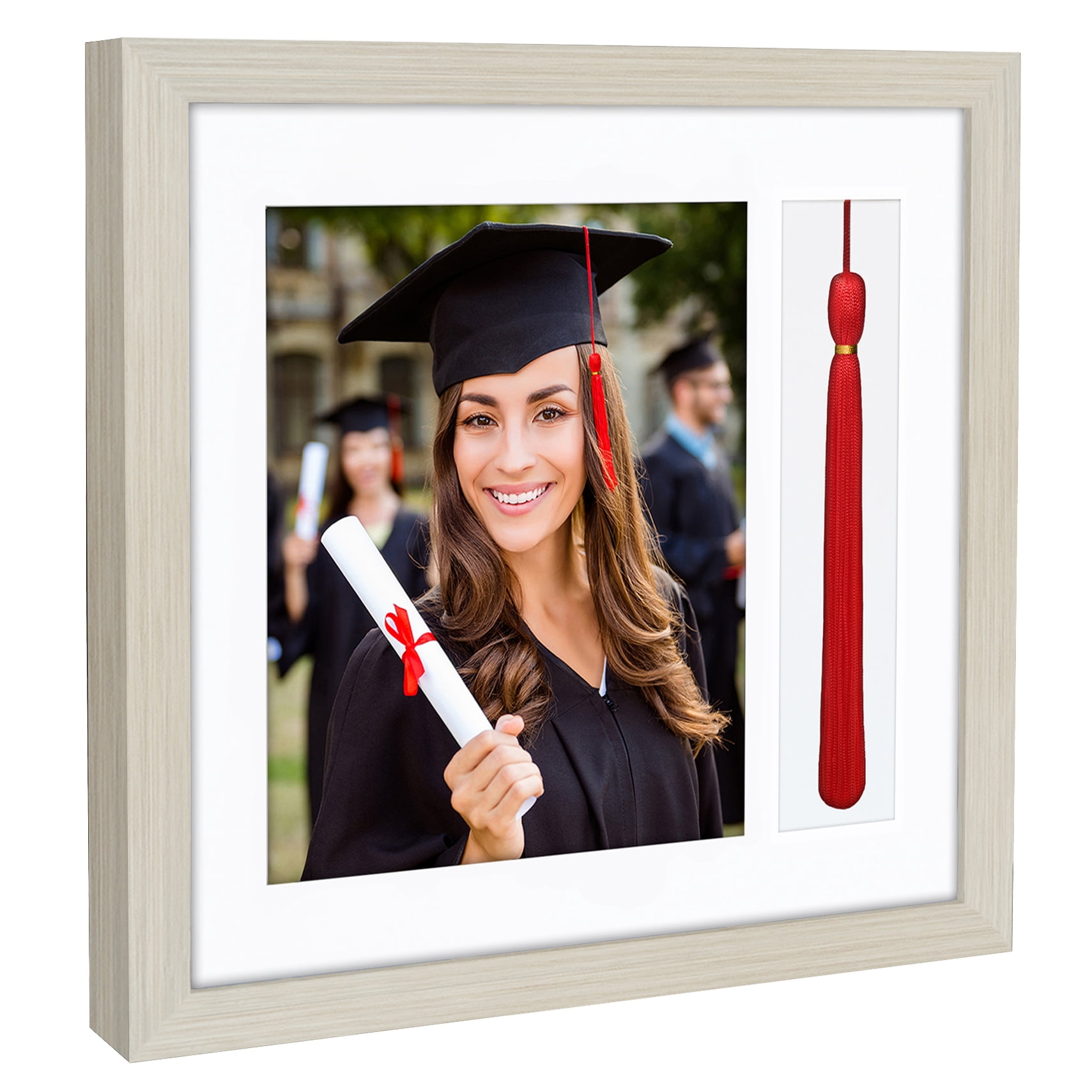 Americanflat 13x13 Light Wood Graduation Frame - 2 Opening Mat Displays 8"x10" Photo and Tassle. Square Frame with Tempered Shatter-Resistant Glass. 2X Sawtooth Hangers