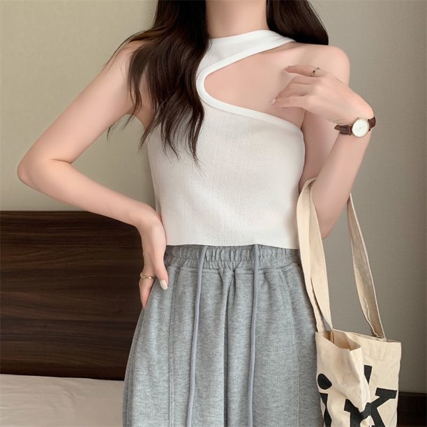 VISgogo Mujeres Verano Casual Tank Tops, Color Sólido Slim-Fit Irregular Sin Mangas Crop Tops VISgogo moda