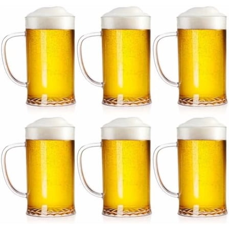 Set of 6 Plastic Beer Mug, 16 oz Acrylic Drinking Cups with Handle, Clear Reusable Beer Stein Glasses for Party Bar Home Hotel Whiskey Juice Cocktail Beverages