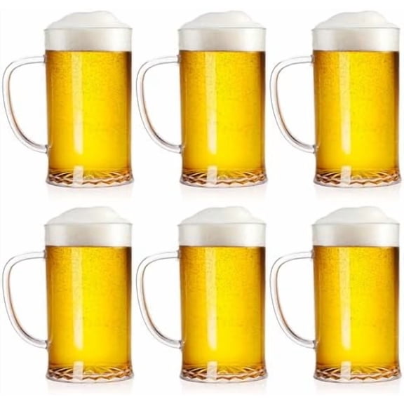 Set of 6 Plastic Beer Mug, 16 oz Acrylic Drinking Cups with Handle, Clear Reusable Beer Stein Glasses for Party Bar Home Hotel Whiskey Juice Cocktail Beverages