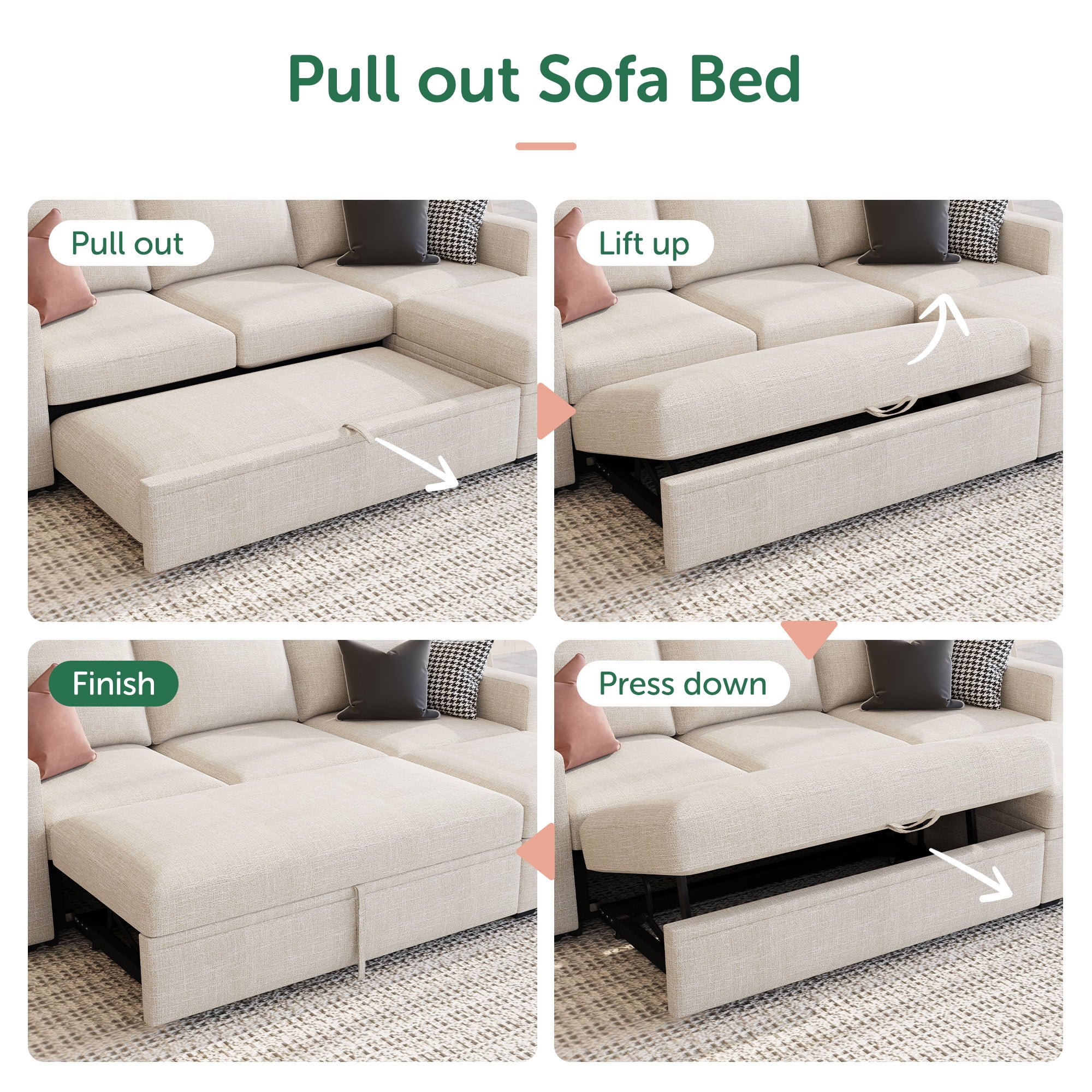 HONBAY 79" Reversible 3 Seat Beige Compact L Shaped Sectional Sleeper Sofa with Pull Out Bed and Storage, Breathable Linen