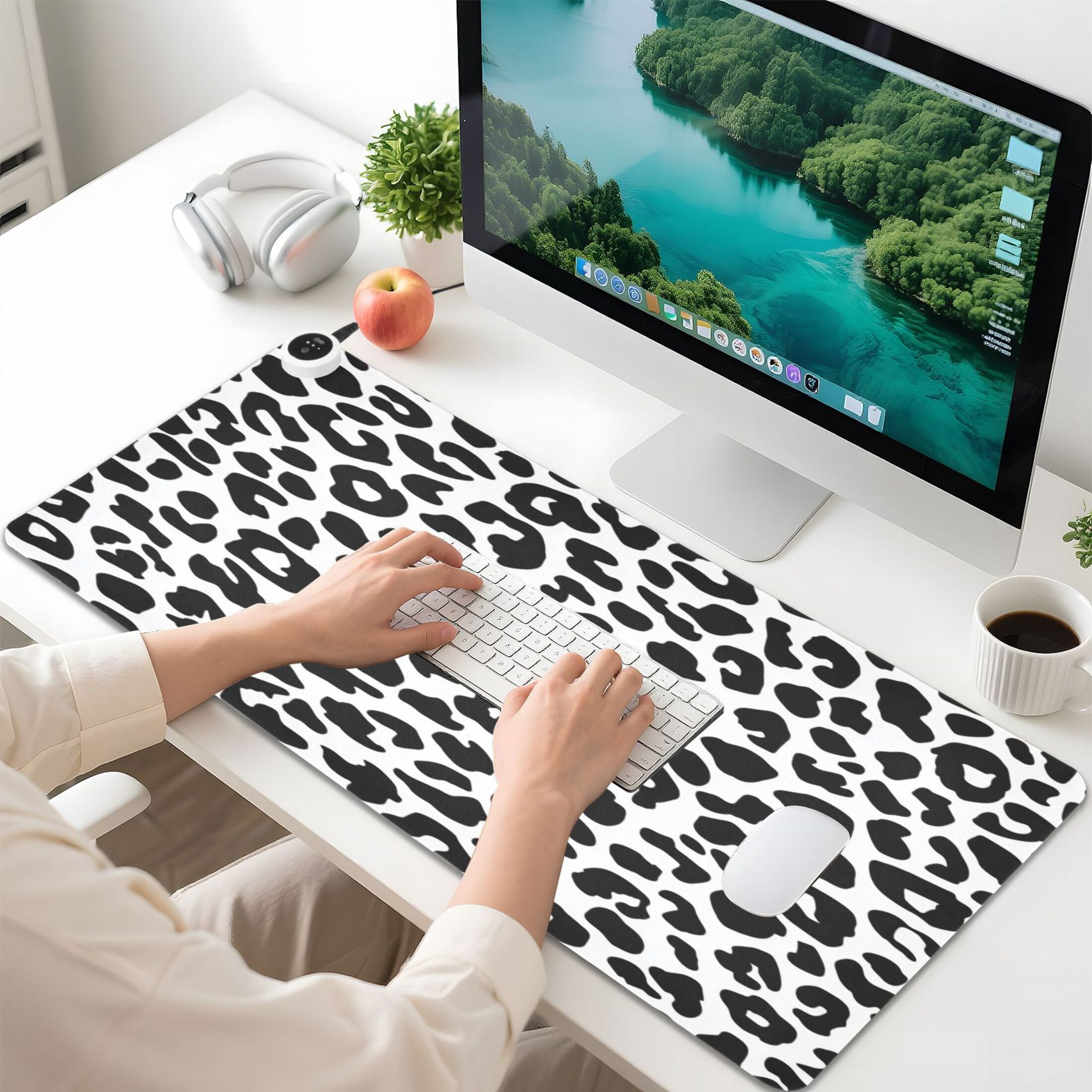 Large Heated Desk Mat Mouse Pad 31.5"x13"PU Leather Graphene Heating Desk Warmer with 3 Temperature Settings 110V US Plug Non-Slip Warm Pad for Home, Office, and Gaming Minimalist Black Leopard Print