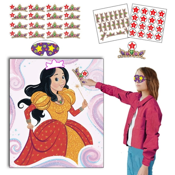 Princess Party Games Pin The Tiara on The Princess, Princess Poster with Blindfolds and Stickers Pin The Tail Games for Princess Birthday Party Supplies