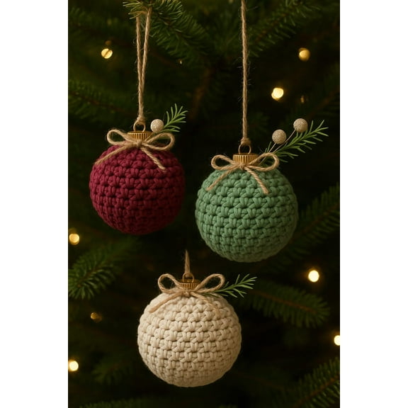Handmade Crochet Ball Ornament Set | Rustic Style Tree Décor in Cream, Lichen & Jam Colors
