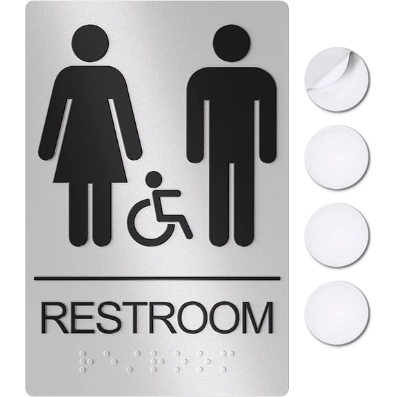 Assured Signs Restroom Sign for Wall | Bathroom Signs | 9 by 6" | Silver Acrylic | ADA Compliant with Braille | Includes Adhesives | Ideal for Office or Home