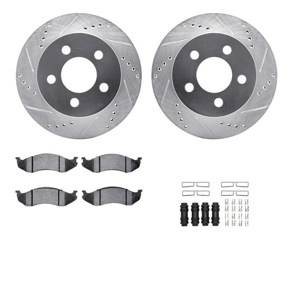 Dynamic Friction Company Front Brake Rotors-Drilled and Slotted-Silver with Ultimate Duty Performance Brake Pads includes Hardware 7412-42035