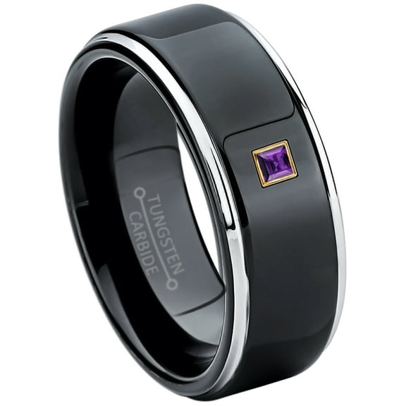0.05ctw Princess Cut Amethyst Tungsten Ring - 8MM Polished Black IP Stepped Edge Tungsten Carbide Wedding Band - February Birthstone Ring - 14kt Yellow Gold Bezel - TN118PSG-1AMTs7.5