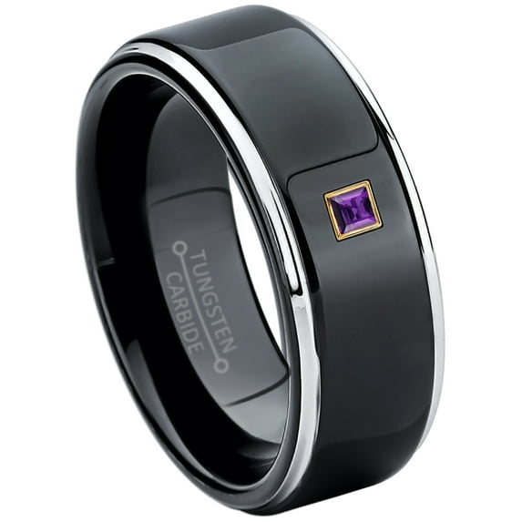 0.05ctw Princess Cut Amethyst Tungsten Ring - 8MM Polished Black IP Stepped Edge Tungsten Carbide Wedding Band - February Birthstone Ring - 14kt Yellow Gold Bezel - TN118PSG-1AMTs7