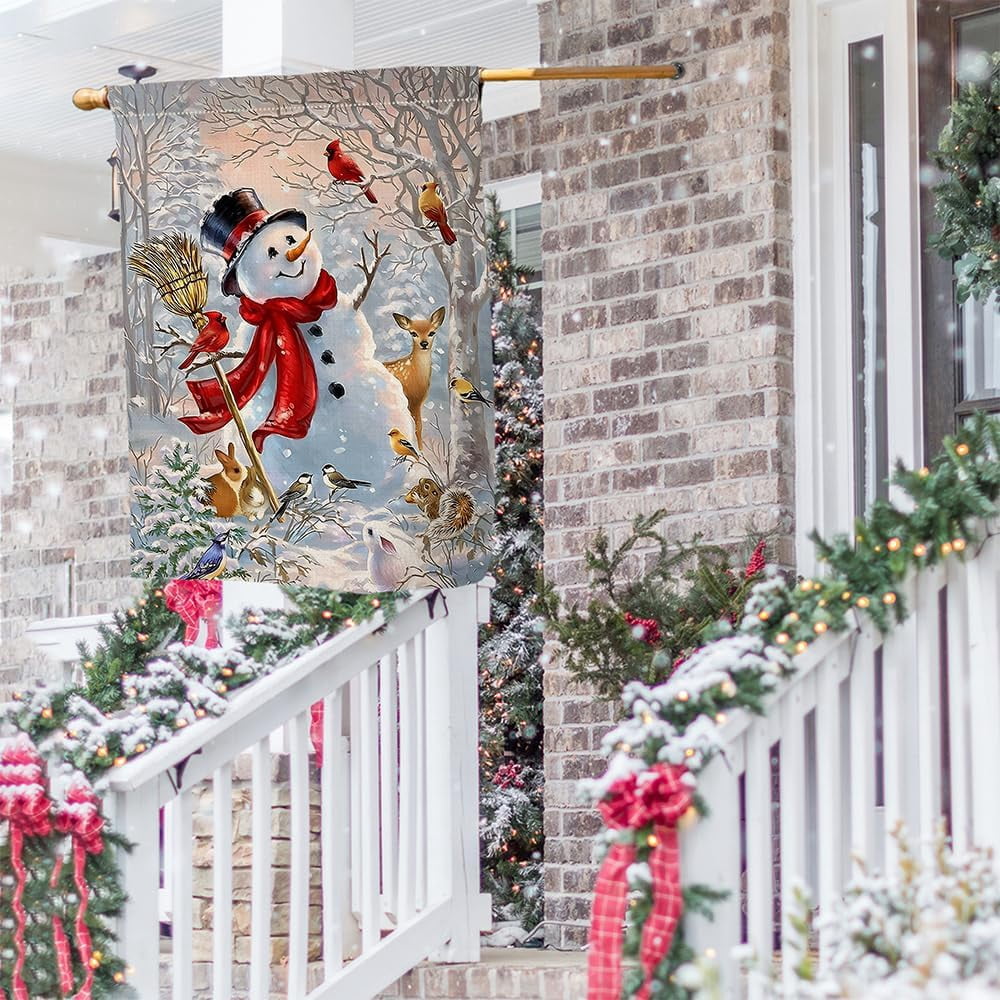 Winter Snowman House Flag 28 x 40 Vertical Double Sided Christmas Deer Cardinal Bird Holiday Outside Decorations Burlap Yard Flag BW727-40