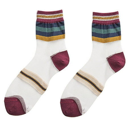 

Cuteam Fashion Women Colorful Stripe Ultrathin Transparent Elastic Middle Tube Socks