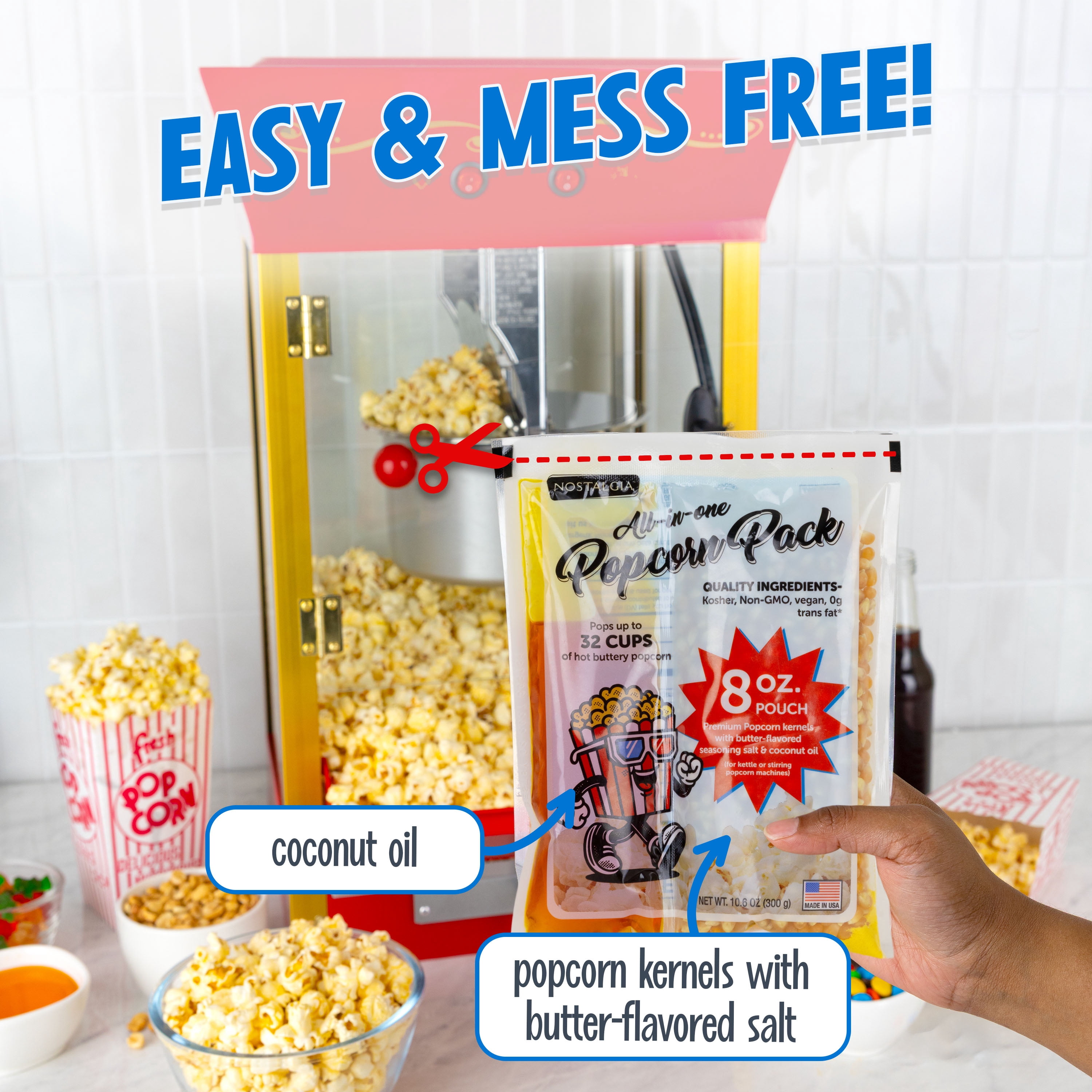 Nostalgia Popcorn Kit, 8 oz Popcorn Packs with Kernels Oil and Seasoning Salt, 32 Cups Per Batch, 24-Pack