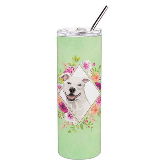 Carolines Treasures CK4428TBL20 White Pit Bull Terrier Green Flowers Stainless Steel 20 oz Skinny Tumbler 20 oz